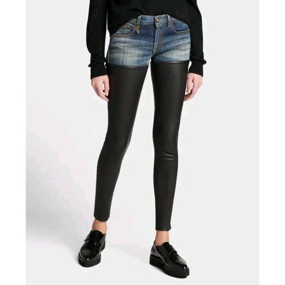 R13 Denim Stretch Leather Chaps Leggings Blue Size 24 Italy (B2 - Picture 1 of 8